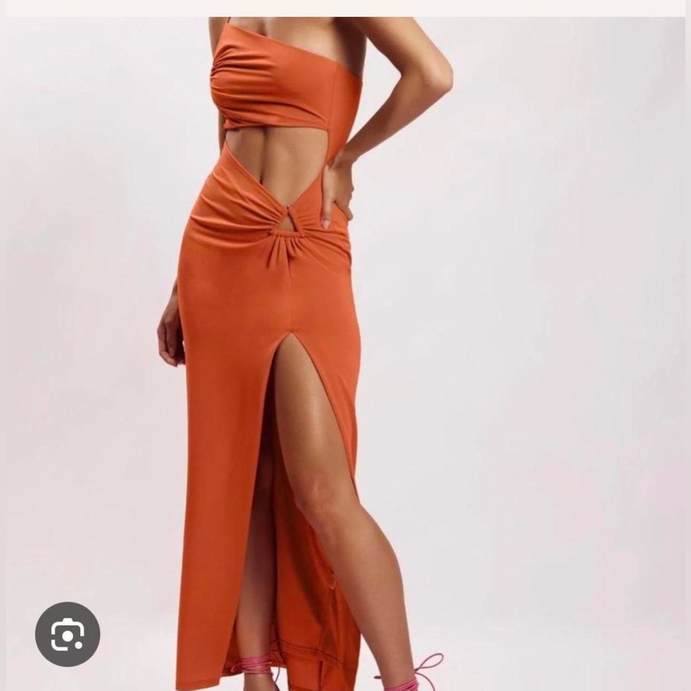 MESHKI Sami Cutout Midi Dress with Hardware in Burnt Orange, Sz M